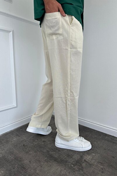 MADZEYMODA Men's Ecru Crinkle Fabric - Baggy Loose Fit and Elastic Waist Trousers