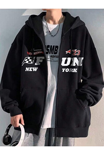 modaberry سترة صوفية بسحاب من Fun 23 New York - سترة شتوية بجيب كبير مطبوع با...