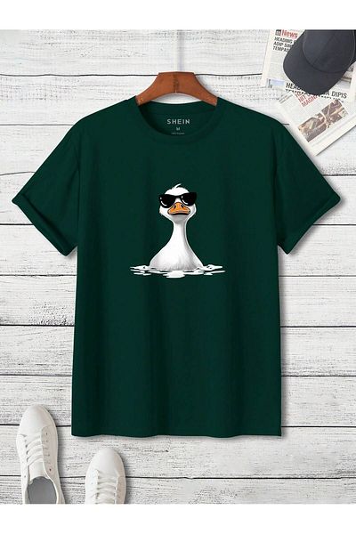 modaberry T-Shirt Glasses Duck - Πράσινη στάμπα Oversize κοντό μανίκι Crew λαιμόκοψη
