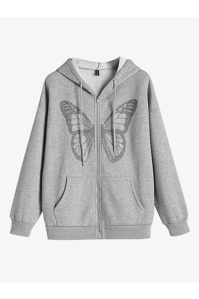 modaberry Butterfly Design Sweatshirt Zippered Cardigan - Gray Printed Oversize Pocket Winter Hoodie