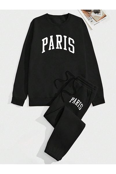 modaberry Σετ φόρμας Paris Combination Bottom Top - Μαύρη στάμπα Oversize Λαστιχένια λαιμόκοψη