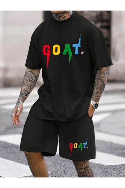 modaberry Goat Shorts and T-Shirt - Black Printed Crew Neck Bottom Top Set