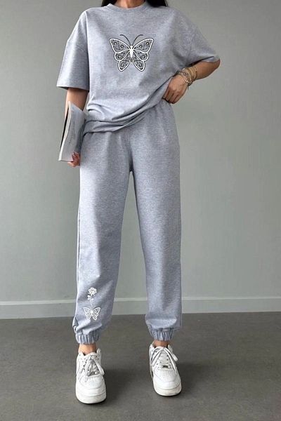 Modernica Gray Butterfly Rose Patterned Tracksuit Set - Oversize Jogger T-Shirt and Crew Neck
