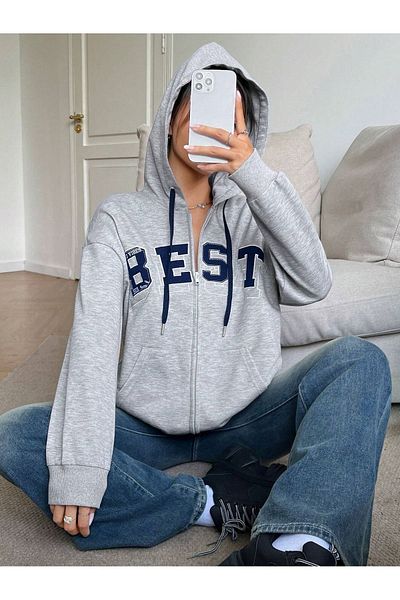 modaberry Best Written Sweatshirt Zippered Cardigan - Gray Printed Oversize Pocket Winter Hoodie