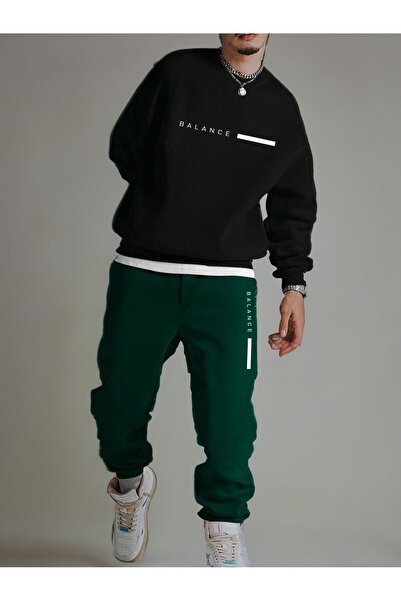 Trendglow Σετ αθλητικής φόρμας Balance Sweatshirt Jogger - Μαύρο με πράσινο νεφτί στάμπα Oversize με λαιμόκοψη