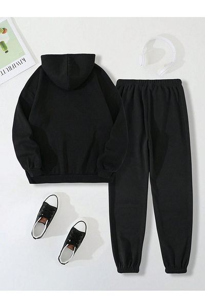 modaberry Los Angeles USA Combination Bottom Top Σετ αθλητικής φόρμας - Μαύρη στάμπα Oversize Λαστιχένια κουκούλα στα πόδια