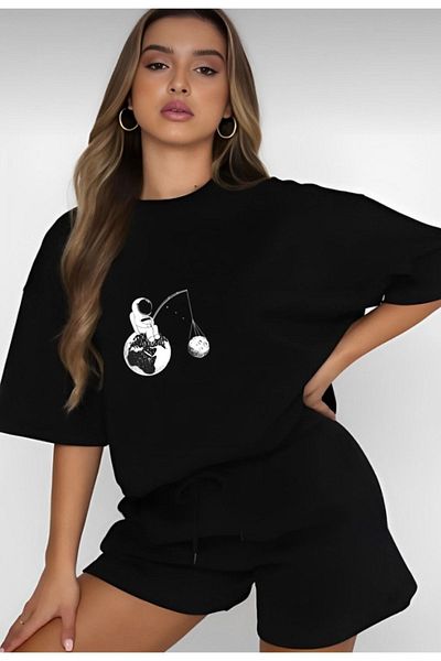 modaberry Μπλουζάκι και σορτς Astronaut World - Μαύρο σορτς T-shirt στο κάτω μέρος Σετ φόρμας Oversize Crew Neck