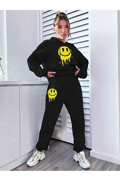 modaberry Emoji Face Combination Bottom Top Σετ Φούτερ - Μαύρη στάμπα Oversize Λαστιχένια κουκούλα στα πόδια