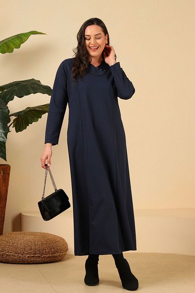 Ferace Γυναικείο Υπερμεγέθη Hijab Κυψελοειδή Ύφασμα Ζακάρ Μητρικό Φόρεμα Navy Blue