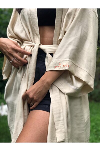 Pinuts Bej Basic Geniş Kalıp Baskısız Dokuma Kadın Erkek Kimono