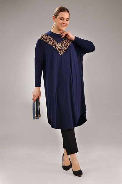 Ferace Large Size Shirt Long Women's Sequined Bat Sleeve Tunic Navy Blue Leopard
