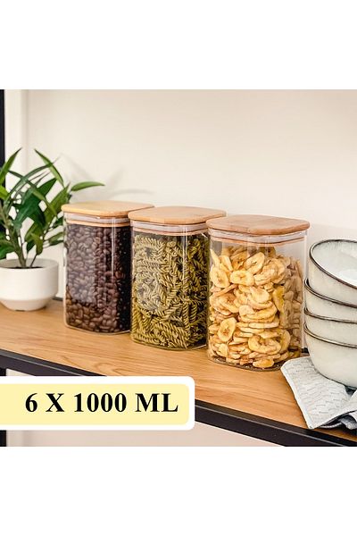 Karçiçeği Home 1000 ml Capacity 6-Piece Bamboo Dragee and Food Container - Square Glass Spice Bowl