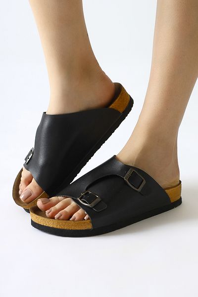 Limoya Genuine Leather Christella Black Suede Double Buckle Detailed Women's Slippers