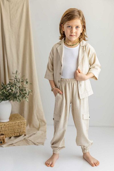 Oliven The Kid Jachetă din in natural bej, cu rever, cu jumătate de mânecă, cu nasturi, cămașă lejeră pentru băiat