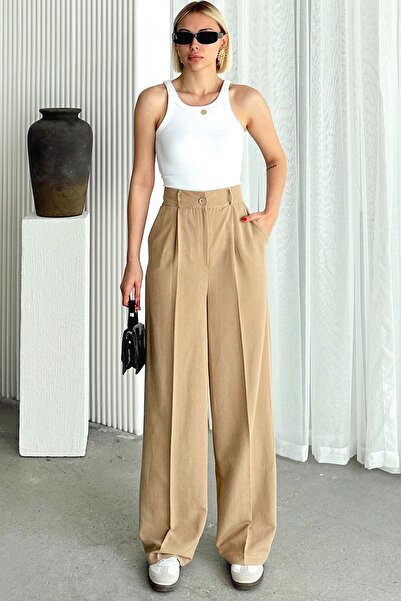 Trend Alaçatı Stili Dark Beige Linen Palazzo Trousers - Double Pocket, Pleated Alc-X12446