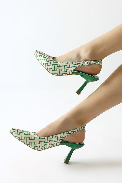 Limoya Ernesa Green Geometric Patterned Heeled Women's Shoes