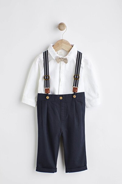 Next Baby Cotton Navy Blue Smart Shirt Bow Tie Strap Pants Set