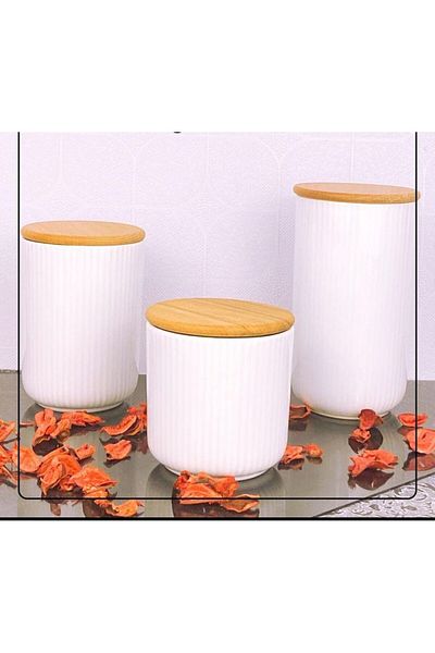 devigo Wooden Vacuum Jar Set with Lid - 3 Pieces, 900ml+700ml+500ml