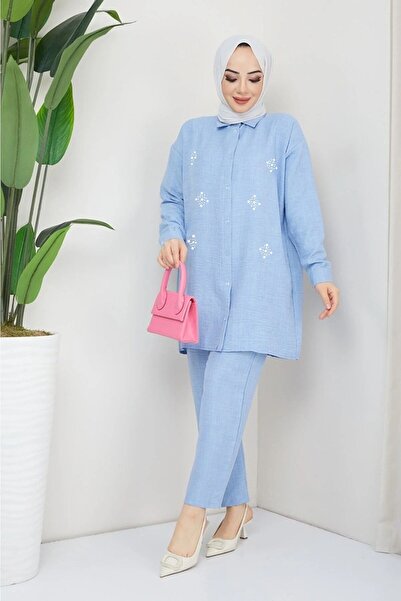 MÇmoda Women's Hijab Stoned Linen Bottom-Top Set