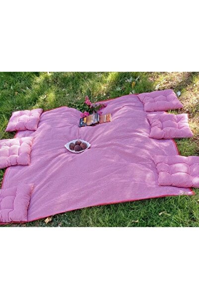 Marin Tasarım Evi Çok Amaçlı Kırmızı Piknik Örtü Seti 6 Adet 40x40 Minder 170x170 Masa Örtüsü