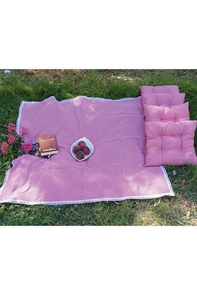 Marin Tasarım Evi Çok Amaçlı Kırmızı Piknik Örtü Seti 6 Adet 40x40 Minder 170x170 Masa Örtüsü