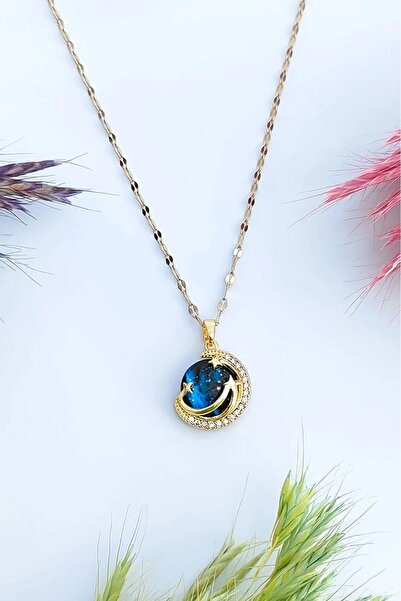 The Collection Kararmaz Gökyüzü Model Gold Kadın Gezegen Çelik Kolye