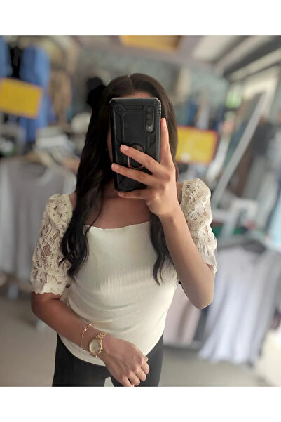 Sublime Butik Balon Dantel Kol Vücuda Yapışan Crop T-Shirt