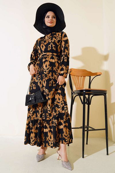 VOLT CLOTHİNG Ζαρωμένο Φόρεμα Hijab - Μικτή λεπτομέρεια με σχέδιο και ζώνη