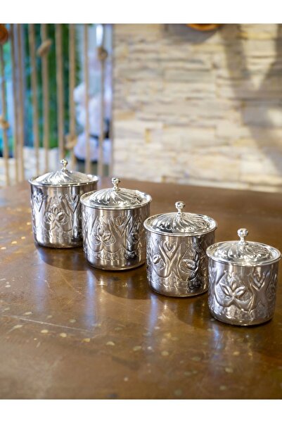 Bakır Concept Bakır Baharat Takımı Desen Kakmalı Model Gümüş Renk 4'lü