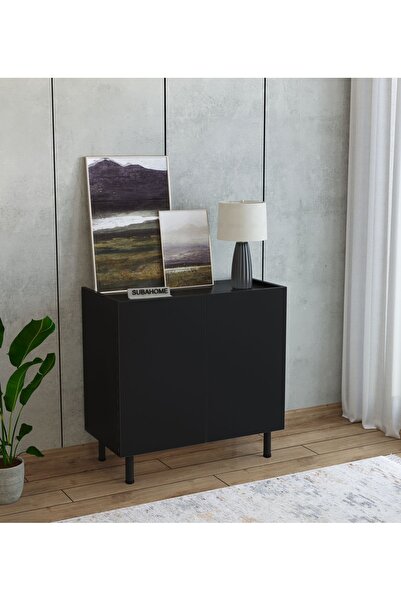 subahome Modern Mdf Çok Amaçlı 80 Cm 2 Kapaklı Siyah Konsol- Demir Ayaklı Estetik Tasarım
