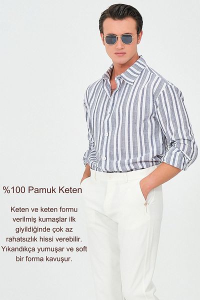 RELAXL Мъжка ленена риза Oversize на тъмносини райета, 100% памук, с дълъг ръкав