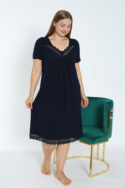 Lagertha by İntensive Navy Blue Lace Large Size Flexible Viscose Nightgown - Short Sleeve