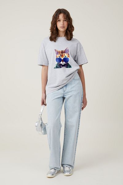 JANSO GROUP Tricou supradimensionat pentru femei JANSO - 100% bumbac, imprimeu film Cat, țesătură 30/1