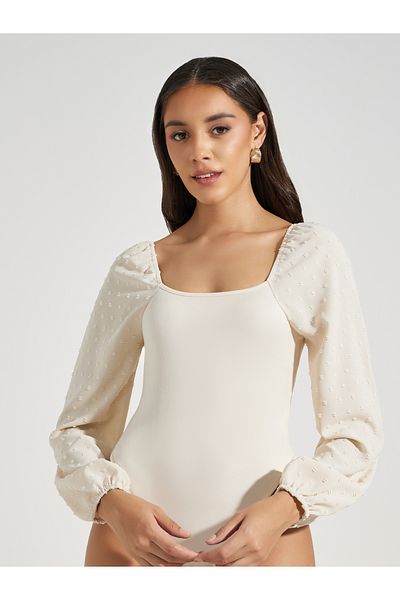 Styli Dobby Sleeves Square Neck Fitted Bodysuit
