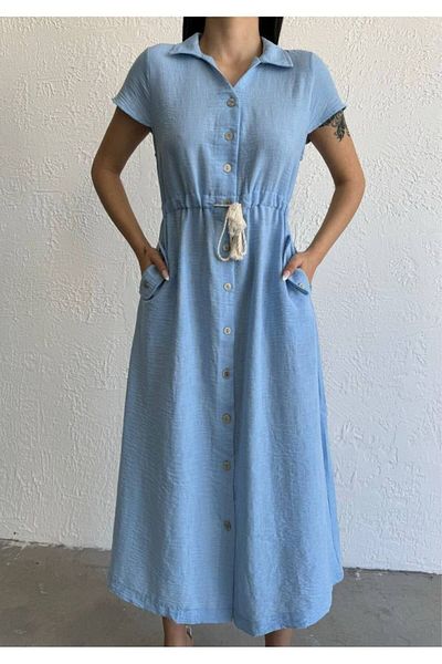 Butik Serdivan Blue Trend φόρεμα - Γυναικείο φόρεμα με βαμβακερή τσέπη και κουμπί
