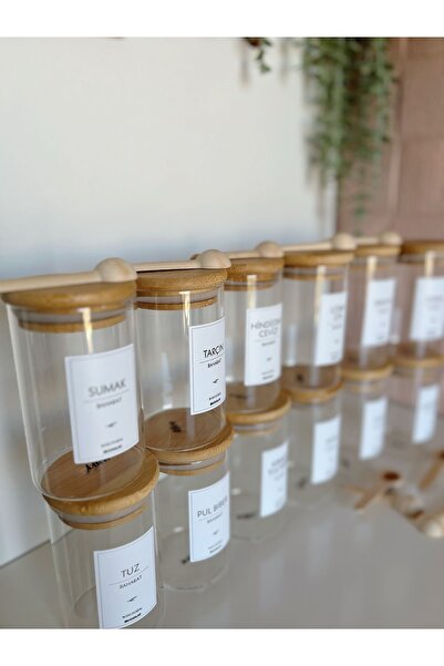 BUCOLIC طقم توابل زجاجي مفرغ من الخيزران 300 مل 12 قطعة - ملعقة خشبية