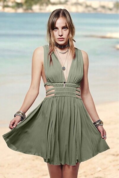 BERFUĞ KIRAN HAKİ SIRTI AÇIK BELİ LASTİKLİ KISA ELBİSE