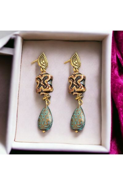 dela otantik Bohemian Set - Long Dangle Beaded Jewelled Turquoise Design Earrings