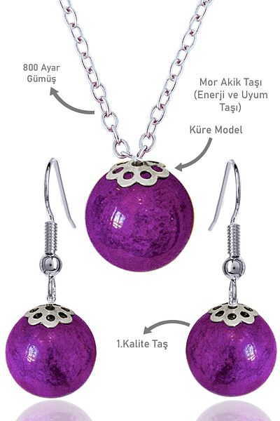 Tesbih Atölyesi Purple Agate Stone Certified Globe Necklace and Earring Set - Silver Apparatus