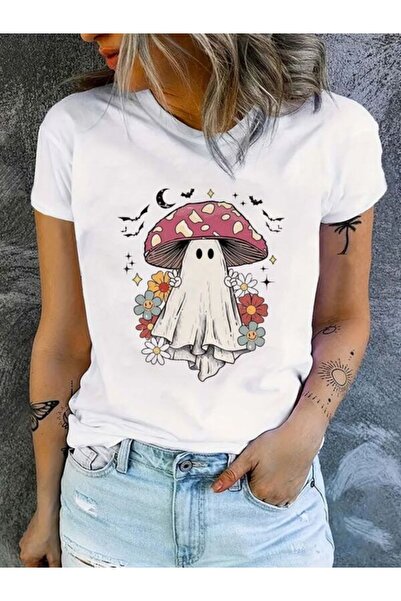 CLASSY.MODA قميص تيشرت سوبريم للنساء - أبيض مطبوع قصة فضفاضة برقبة دائرية وأك...