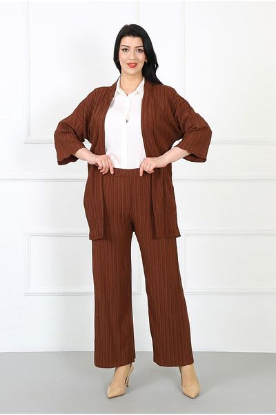 By Alba Collection Women's Tan Wrapped Waist Full Elastic Large Size Trousers
