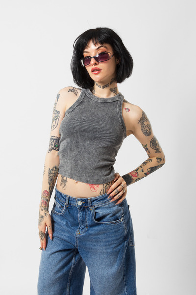 Bak Moda توب قصير مدخن - أساسي مضلع مغسول، أكمام صفر