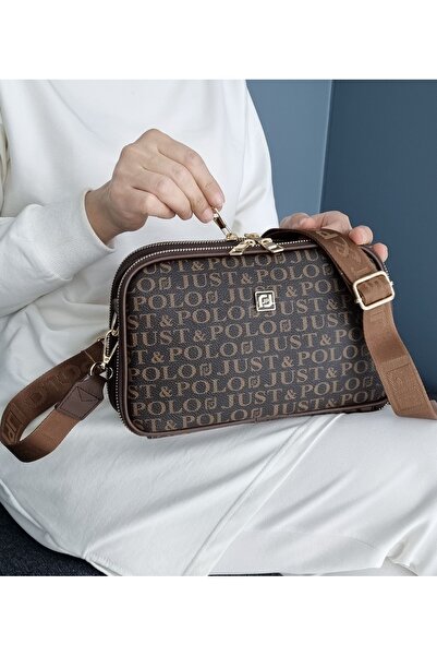 Just Polo حقيبة كتف وحقيبة كروس نسائية باللون البني بطبعة مونوغرام مكونة من 5...