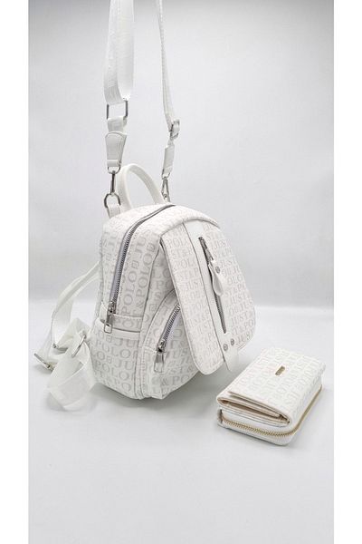 Just Polo Justpolo Women's White Monogram Printed Backpack Shoulder Bag and Wallet Combination