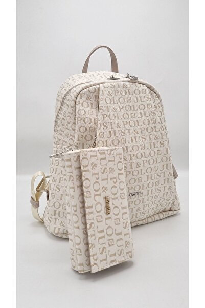 Just Polo Women's Cream 9 Compartment Monogram Printed Backpack and Wallet Co...