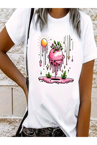 CLASSY.MODA قميص تيشرت سوبريم للنساء - أبيض مطبوع قصة فضفاضة برقبة دائرية وأك...