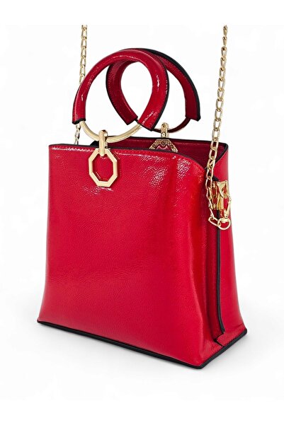 Evident Red Patent Leather Ring Handled Chain Hand and Shoulder Women's Bag