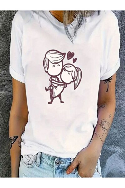 CLASSY.MODA قميص تيشرت سوبريم للنساء - أبيض مطبوع قصة فضفاضة برقبة دائرية وأك...