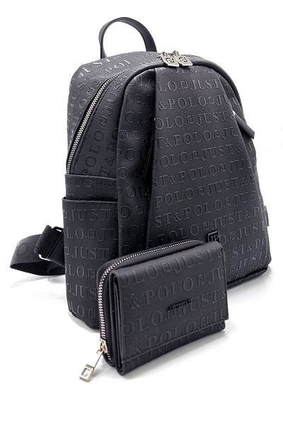 Just Polo Women's Black 9-Compartment Embossed Printed Backpack and Wallet Combination