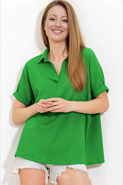 hazelin Bluză verde închis cu gât polo - Croială largă, tricotată HZL24S-BD104861